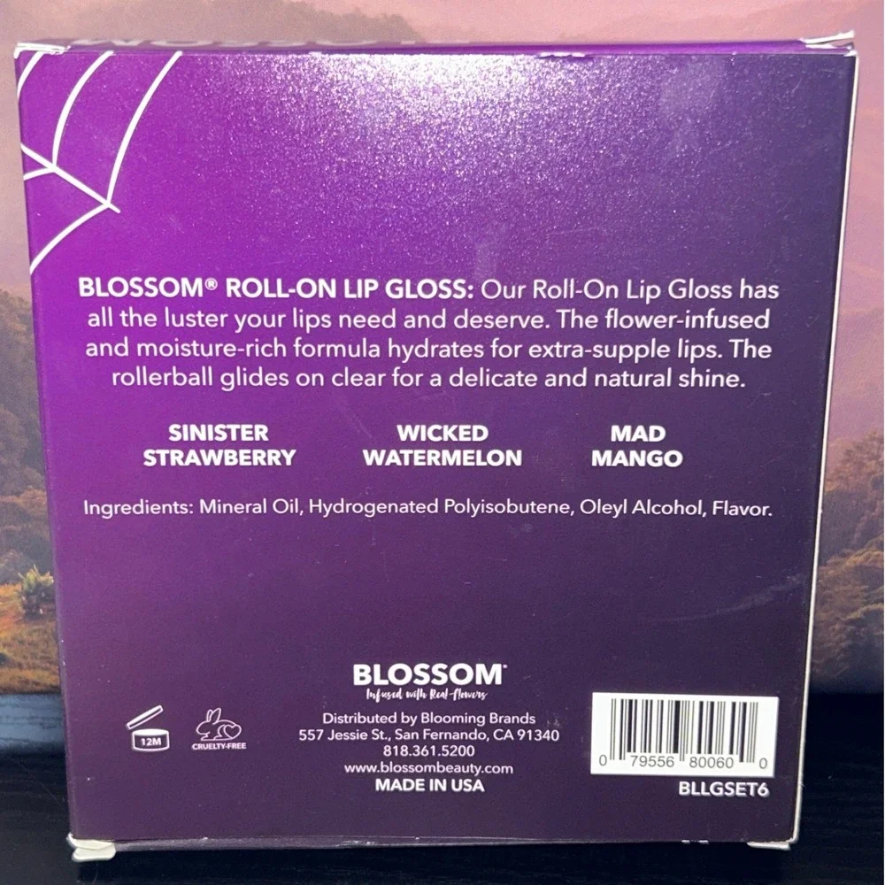 Blossom Roll-On Lip Gloss Set Infused With Real Flowers 3 Flavors Halloween